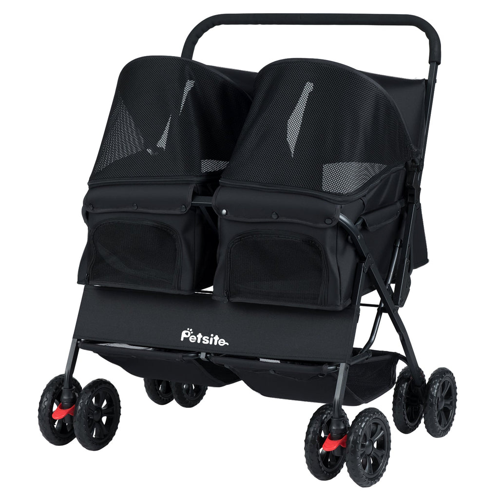 Foldable Double Pet Stroller with Adjustable Sunshade and Storage Basket